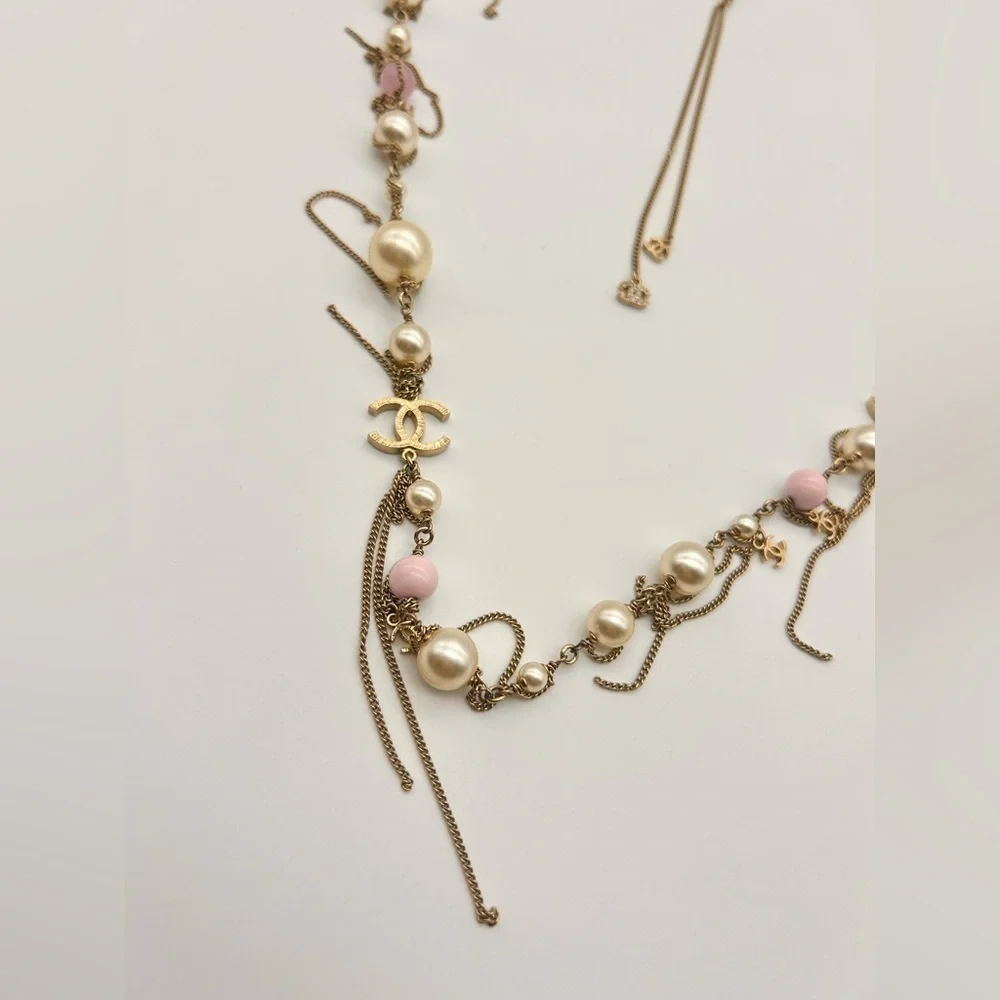 Chanel 100% Authentic Pearl 3 Large CC Long Necklace Silver Pink Tone 20 Inch